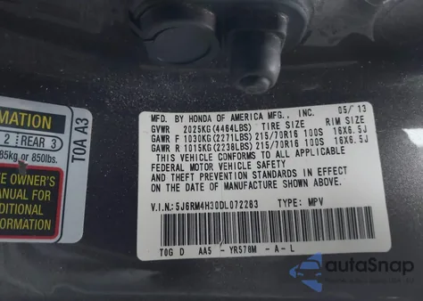 2013 Honda Cr-V Lx z USA, uszkodzony, nr VIN 5J6RM4H30DL072283